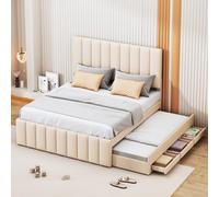 Merax Lit pour enfant, 140 x 200 cm, avec lit gigogne et tiroir de rangement, lit simple, avec espace de rangement, pour enfants et adolescents, beige (sans matelas)
