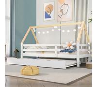 Merax Lit pour enfant 200x90cm, Lit fonctionnel avec barrière anti-chute et sommier à lattes, Lit banquette gigogne avec roulettes, Lit en forme de cabane en bois pour filles & garçons, Blanc+Naturel