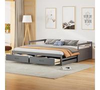 Merax Lit pour Enfant 90/180 x 200 cm, Canapé Extensible avec 2 Tiroirs, Simple avec Sommier à Lattes, Convertible en Double, en Pin avec Espace de Rangement, pour Adolescent, Gris