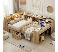 Merax Lit pour Enfant, 90 x 200 cm, avec Bureau et Espace de Rangement, lit de Jour en Bois avec éclairage LED, USB et Type C, lit de Jour Simple, avec Rangement (sans Matelas)