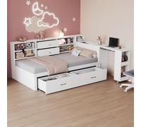 Merax Lit pour enfant, 90 x 200 cm, avec espace de rangement, en bois, lit simple, fonctionnel, avec compartiments de rangement cachés, étagères, 2 grands tiroirs, prise multifonction, bureau