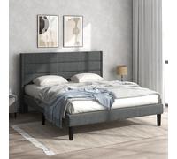 Merax Lit rembourré 140 x 200 cm Cadre de lit Lit double avec sommier à lattes et tête de lit, lits rembourrés Lit en lin pour adultes et adolescents, Gris foncé