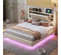 Merax Lit rembourré, 140 x 200 cm, multifonction, avec lumière LED et interface USB, pour adolescents, adultes, cadre en métal, tissu en lin, beige (sans matelas)