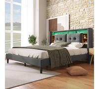 Merax Lit rembourré 140x200 cm Lit double avec sommier à lattes, USB et éclairage LED, compartiments de rangement et prises de courant, lit de rangement lit fonctionnel en lin, gris