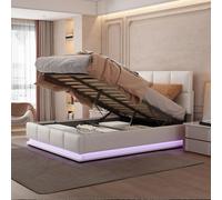 Merax lit rembourré 140x200cm avec LED, lit boxspring hydraulique avec sommier à lattes et espace de rangement, lit double en bois lit adolescent similicuir, blanc