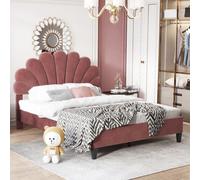 Merax Lit rembourré 140x200cm avec tête de lit en forme de fleur et sommier à lattes, tête de lit réglable en hauteur, velours Lit double fonctionnel Lit d'enfant Lit d'adolescent, Rouge