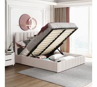 Merax Lit rembourré 140x200cm avec tête de lit réglable en hauteur, lit boxspring hydraulique avec coffre de lit, velours lit double lit adolescent lit fonctionnel,Blanc