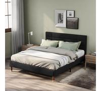 Merax Lit rembourré 140x200cm Lit double en lin avec sommier à lattes, cadre de lit géopolitique avec tête de lit pour adultes et adolescents, noir