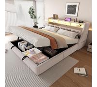 Merax Lit rembourré 180x200cm avec LED, Lit de rangement hydraulique avec tête de lit rabattable, avec prise électrique et tablette, Lit double en tissu velours, Beige