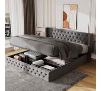 Merax lit rembourré 180x200cm avec sommier à lattes et espace de rangement, lit boxspring hydraulique, lit de velours en forme d'oreille lit double lit fonctionnel, gris