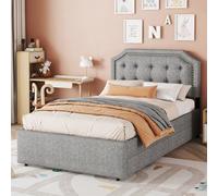 Merax Lit rembourré, 90 x 200 cm, avec rembourrage de chevet et sommier à lattes, avec rivets décoratifs, double tiroirs, lin, pour adultes et adolescents, sans matelas, gris 1