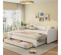 Merax Lit rembourré, 90 x 200 cm, extensible à 180 x 200 cm, avec 2 tiroirs et USB, canapé-lit, lit de jour avec espace de rangement, tissu bou eige (matelas non inclus)