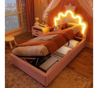 Merax Lit rembourré 90x200 cm, avec LED, rangement hydraulique, tête de lit réglable, design couronne Lit d'enfant, lit de princesse, lit d'adolescent, rose