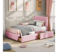 Merax Lit rembourré 90x200cm avec tête de lit réglable en hauteur, lit simple en bois avec deux tiroirs et sommier à lattes, velours Lit d'adolescent Lit d'enfant, Rose