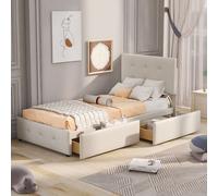 Merax Lit rembourré 90x200cm avec tête de lit réglable en hauteur, lit simple en bois avec deux tiroirs et sommier à lattes, velours Lit d'adolescent Lit d'enfant, Beige