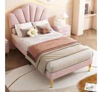 Merax lit rembourré avec tête de lit en forme de coquillage réglable en hauteur et pieds en fer dorés, lit d'adolescent lit simple avec sommier à lattes et housse en velours rose