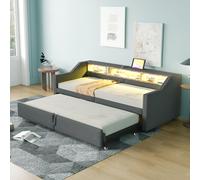 Merax Lit rembourré Lit de jour extensible 90/180x200cm avec rangements, Canapé-lit Lit simple avec LED et USB, sommier à lattes, lin, chambre d'amis, gris clair