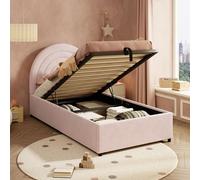 Merax Lit rembourré, pour enfant, avec espace de rangement, 90 x 200 cm, lit simple, avec sommier à lattes et espace de rangement intégré, en velours, rose, pour adultes et adolescents (sans matelas)