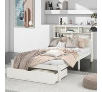 Merax lit simple 90x200cm lit en bois massif avec tiroirs, bibliothèque et sommier à lattes, lit classique de haute qualité lit d'enfant lit en bois pour adolescent