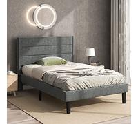 Merax Lit Simple capitonné | 90 x 200 cm | Cadre de lit | Sommier à Lattes | Tête de lit | Lin | Style de Base | Adultes Ados | sans Matelas | Gris