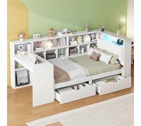 Merax Lit simple en bois 90 x 200 cm avec LED, bureau, bibliothèque, lit capitaine d'angle, avec tête de lit rembourrée, tiroirs, blanc