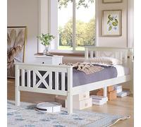 Merax Lit Simple en Bois Massif 90 x 200 cm, avec tête de lit et sommier à Lattes, Style Maison de Campagne, lit pour Enfant, lit d'adolescent, lit en pin Massif, Blanc