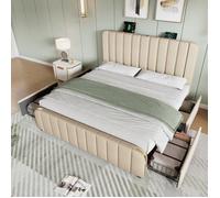 Merax Lit Simple Rembourré Beige avec 4 Tiroirs, Tête de Lit Capitonnée à Bandes Dorées et Ports USB-C, Sommier Inclus, 140x200 cm