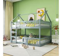 Merax Lit Superposé 140 x 200 cm, Multifonctionnel Lit Superposé Enfant Cabane avec Escaliers, Cadre en Bois Massif, Gris (sans Matelas)