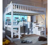 Merax Lit superposé 140x200 cm, avec lampes LED, bureau, étagères, échelle de rangement, lit d'enfant en bois, lit superposé, lit d'adolescent, naturel