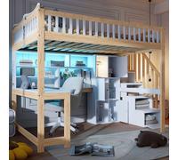 Merax Lit superposé 140x200 cm, avec lampes LED, bureau, étagères, échelle de rangement, lit d'enfant en bois, lit superposé, lit d'adolescent, blanc+naturel