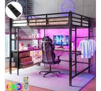 Merax Lit superposé 140x200 cm, avec LED, bureau avec prise électrique et USB, 3 tiroirs, étagères, suspensions, lit superposé lit d'enfant, noir