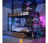 Merax Lit superposé 140x200 cm, lit d'enfant avec bureau, LED, 2 tiroirs, rampe & escalier, lit superposé en fer, noir
