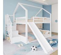 Merax Lit superposé 140x200 cm, lit d'enfant avec toboggan, escalier de rangement, rampe, sommier à lattes, lit en bois massif pour enfants, lit d'adolescent, lit superposé, blanc
