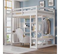 Merax Lit superposé 140x200cm avec bureau et armoire, lit fonctionnel en bois massif avec espace de rangement, échelle et étagère pour enfants,Blanc