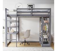 Merax Lit superposé 140x200cm avec bureau et armoire, lit fonctionnel en bois massif avec espace de rangement, échelle et étagère pour enfants,Gris