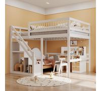 Merax Lit superposé 140x200cm avec escalier et espace de rangement, lit surélevé avec protection antichute, lit d'enfant avec sommier à lattes, lit double superposé lit en bois, blanc