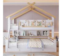 Merax Lit superposé 90 x 200/120 x 200 cm, lit pour enfant avec design de toit, rampe de sécurité décorative, glissière inclinée à 4 niveaux, 2 tiroirs et étagère, lit mezzanine en pin blanc/naturel