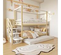 Merax Lit Superposé 90 x 200 cm, 2 Place pour Enfant avec Lit Gigogne 90 x 190 cm, Blanc et Bois (sans Matelas)