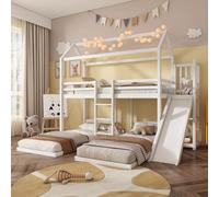 Merax Lit superposé 90 x 200 cm avec toboggan, toit design, étagère ouverte et échelle à trois niveaux, lit pour enfant en pin et MDF, blanc, lit de maison avec trois zones de couchage sans matelas