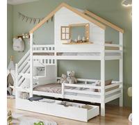 Merax Lit superposé, 90 x 200 cm, pour 2 enfants, cabane dans un arbre, avec protection anti-chute, sommier à lattes, escalier de rangement et tiroirs, lit de maison, avec toit et fenêtre, lit