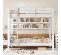 Merax Lit superposé, 90 x 200 cm, pour 2 enfants, en bois, avec échelle à cinq niveaux, étagère ouverte, deux sommiers à lattes solides, espace de rangement, lit superposé peu encombrant, blanc, sans