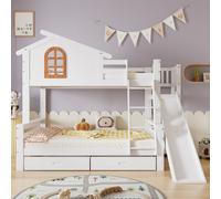 Merax Lit superposé 90x200/120x200cm avec sommier à lattes et 2 tiroirs, lit d'enfant avec toboggan et échelle, lit surélevé Lit de maison en bois Lit superposé, blanc