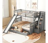 Merax Lit superposé 90x200/140x200cm avec protection contre les chutes et escalier de rangement, lit d'enfant avec toboggan, lit surélevé avec 2 tiroirs, lit superposé en bois massif, gris