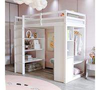 Merax Lit superposé 90x200 avec étagère en pin, lit de garçon avec tringle à vêtements, lit d'enfant trolley avec espace de rangement, peu encombrant, multifonctionnel, blanc