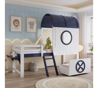 Merax Lit superposé 90x200 avec toit et fenêtre, Lit d'enfant mi-haut avec tiroir à roulettes, échelle inclinée, Lit de garçon en pin, blanc + bleu foncé