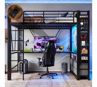 Merax Lit superposé 90x200 cm, avec bureau, 4 tiroirs, USB, type-C, LED, zone suspendue, tableau à fiches, en fer Lit superposé Lit d'enfant, noir