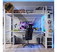 Merax Lit superposé 90x200 cm, avec bureau, 4 tiroirs, USB, type-C, LED, zone suspendue, tableau à fiches, lit en fer superposé lit d'enfant, blanc