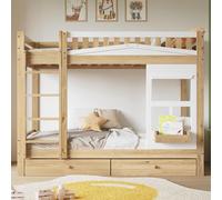 Merax Lit superposé 90x200 cm avec fenêtre et 2 tiroirs, lit d'enfant superposé en pin/MDF avec protection anti-chute sûre et escalier droit, blanc + naturel