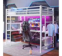 Merax Lit superposé 90x200 cm, avec LED, bureau avec prise électrique et USB, 3 tiroirs, étagères, suspensions, lit superposé lit d'enfant, blanc