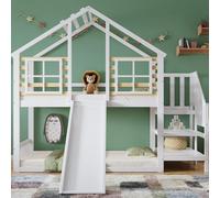 Merax Lit superposé 90x200 cm avec toboggan, barreaux & fenêtre, maison en rondins Lit d'enfant en bois massif avec escalier, certifié FSC, lit de jeu sûr, blanc